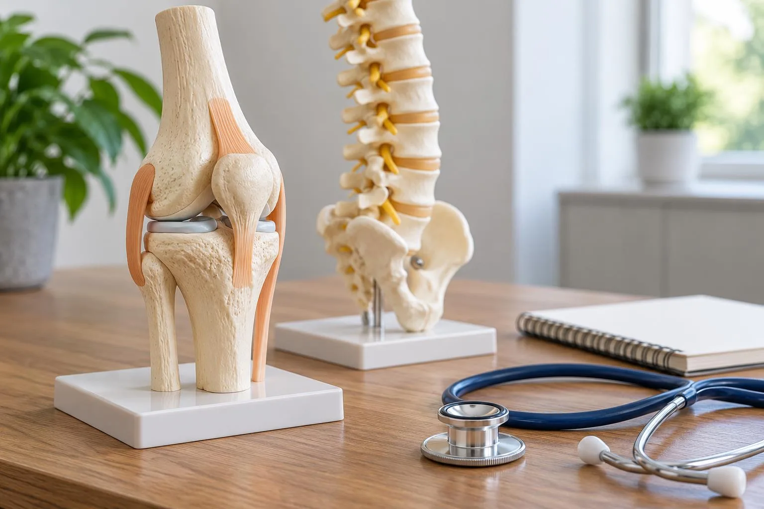 Anatomische Gelenkmodelle und Stethoskop auf einem Schreibtisch.